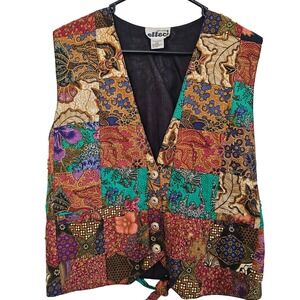 Vintage Creazioni Effeci Batik Patchwork Vest Cotton Multicolor Button Front L